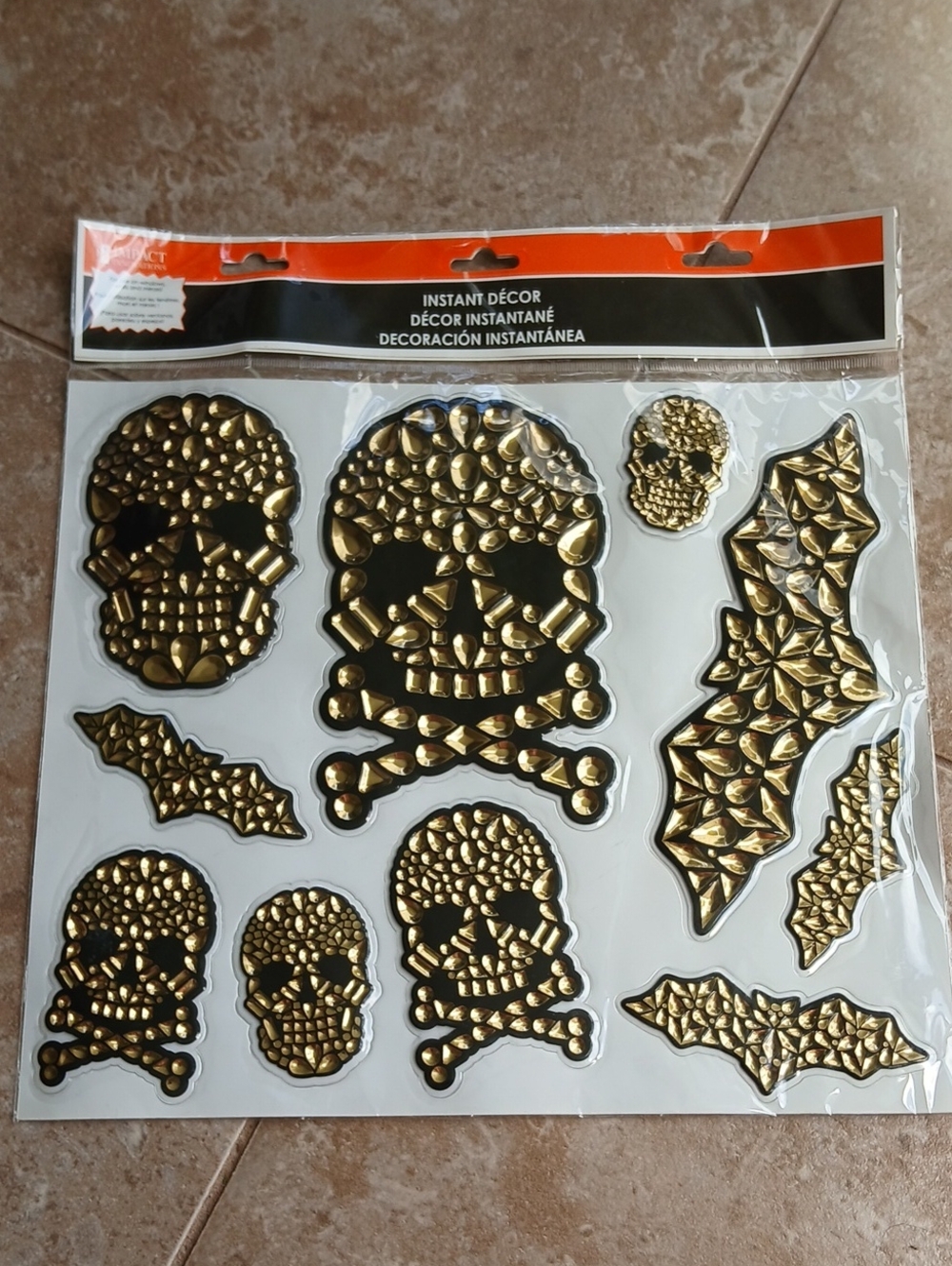Gold Skull & Bat Goth Glam Halloween Window, Wall, Mirror Stickers